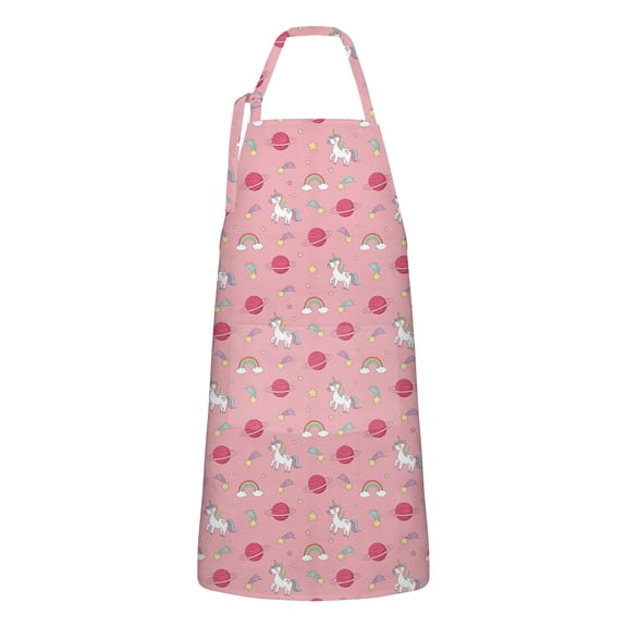 Pink Cartoon Unicorn Rainbow Planet Star Apron-Garden Aprons for Women with Pockets-Cotton Linen Waterproof Kitchen Cooking Gardening Aprons Adjustable for Kitchen,Cooking,BBQ and Salon 33x27 Inch