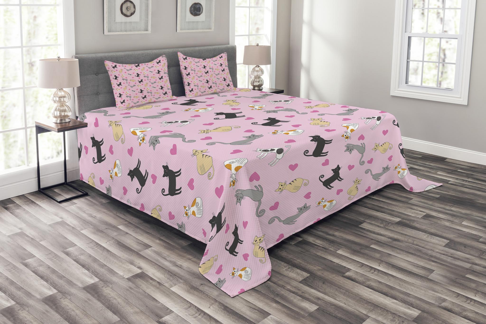 Kitty Bedspread Set Queen Size, Cats in Different Colors and Patterns