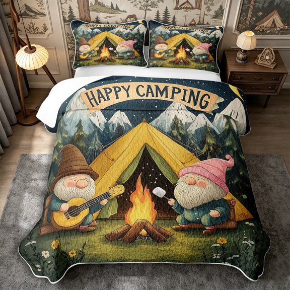 Manfei Cartoon Gnome Twin Quilt Set 2 Pieces,Happy Camping Twin Coverlet Set,Dark Green Yellow,1 Bedspread and 1 Pillowcase