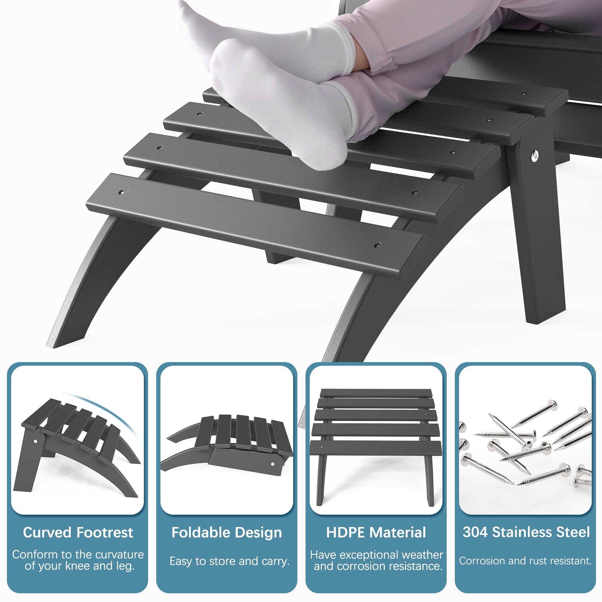 FOOWIN Folding Adirondack Ottomans Set of 4 for Adirondack Chair, Grey