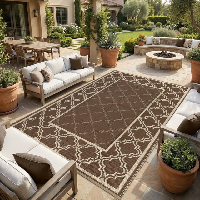 Outdoor Rug – Reversible Waterproof Plastic Straw Mat – Non-Slip Modern Plaid – UV-Resistant, Collapsible & Washable – RV, Camping, Deck, Balcony, Porch & Garden– 9x18ft, Peony Brown/Coffee, USA Spec
