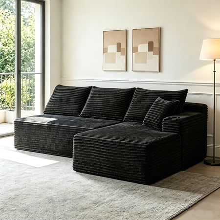 AUU 96-Inch L-Shape Cloud Sectional Couch with Chaise and Cup Holder – No Assembly Required, Plush Fabric Modular Sofa for Living Room or Bedroom