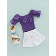 thumbnail image 3 of Franhais Girls Summer Three-Piece Outfits, Solid Color Short Sleeve Pleated T-Shirt + Ruffled Short Pants + Decorative Waist Belt, 3 of 8
