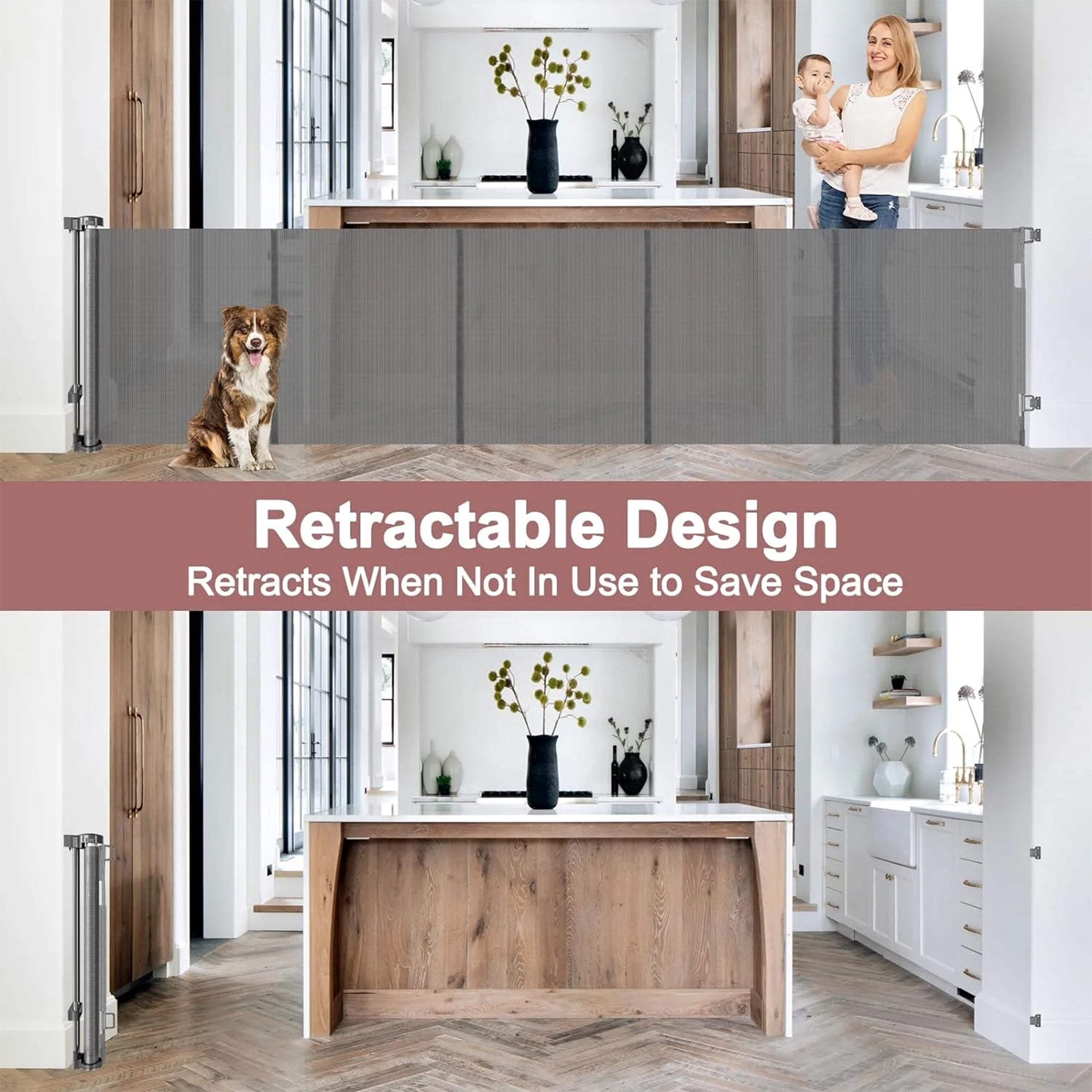 Retractable Baby Gate,HDJ 120in Baby Safety Gate for Stairs Doorways,34inch Tall Metal Dog Gate,Extra Wide,Gray