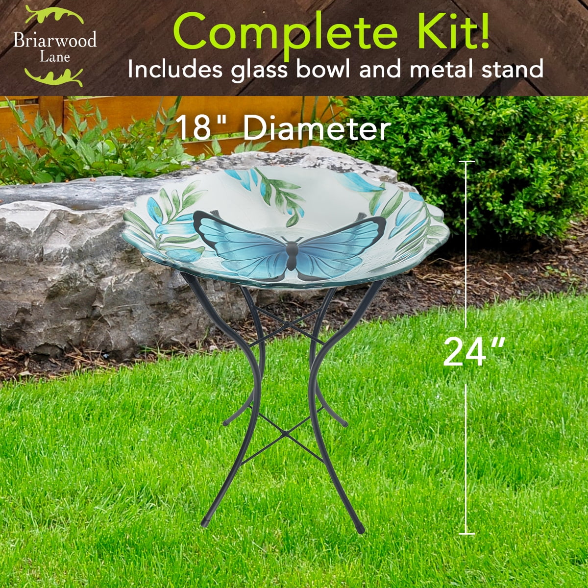 Briarwood Lane Everyday Glass Birdbath Including Metal Stand Blue Butterfly Birdbath