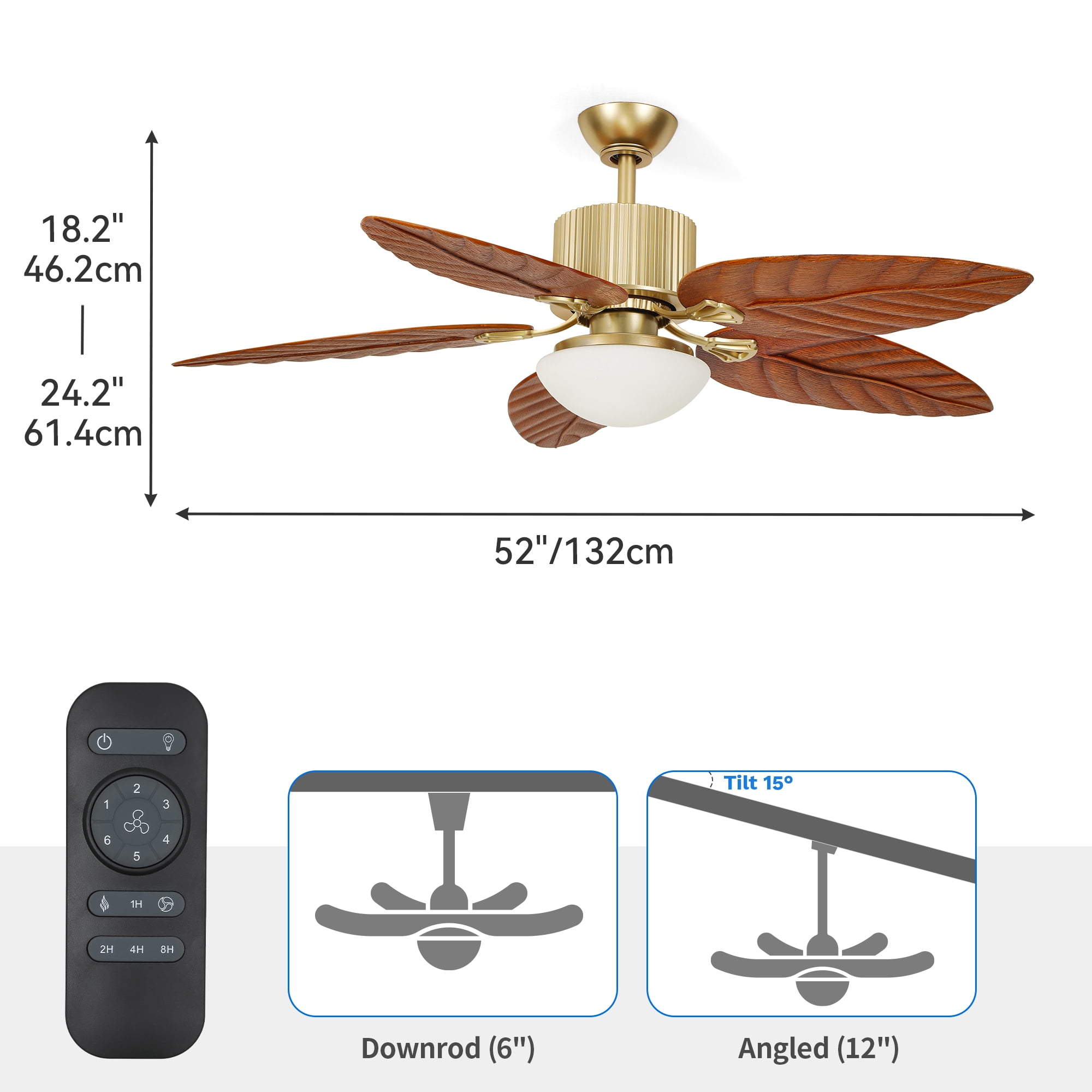 Uforic 52" Espresso 5-Blade Ceiling Fan with LED, remote control, 6-speed quiet DC motor, reversible, Gold
