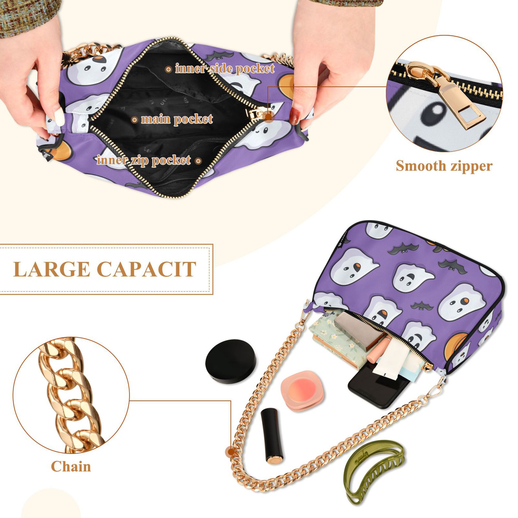 FORMRS Womens Shoulder Bag with Chain Strap Clutch Purse Cute Tote Handbag, Halloween Ghosts Purple