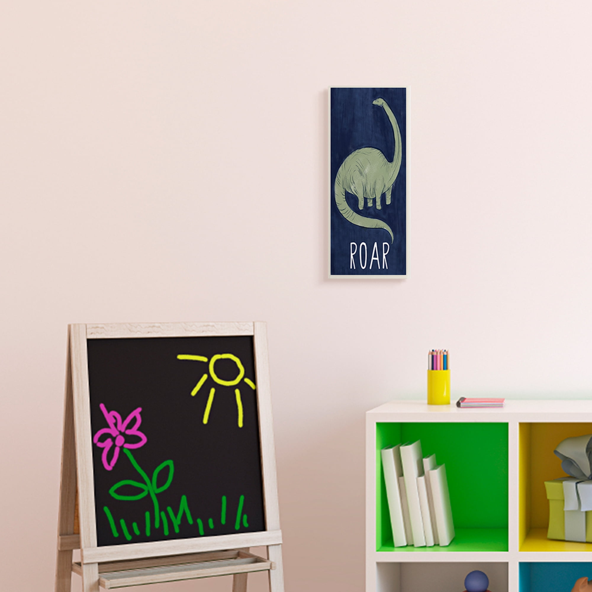 Stupell Industries Tall Green Dinosaur Roar Text Over Blue Wall Plaque, 7 x 17, Design by Daphne Polselli