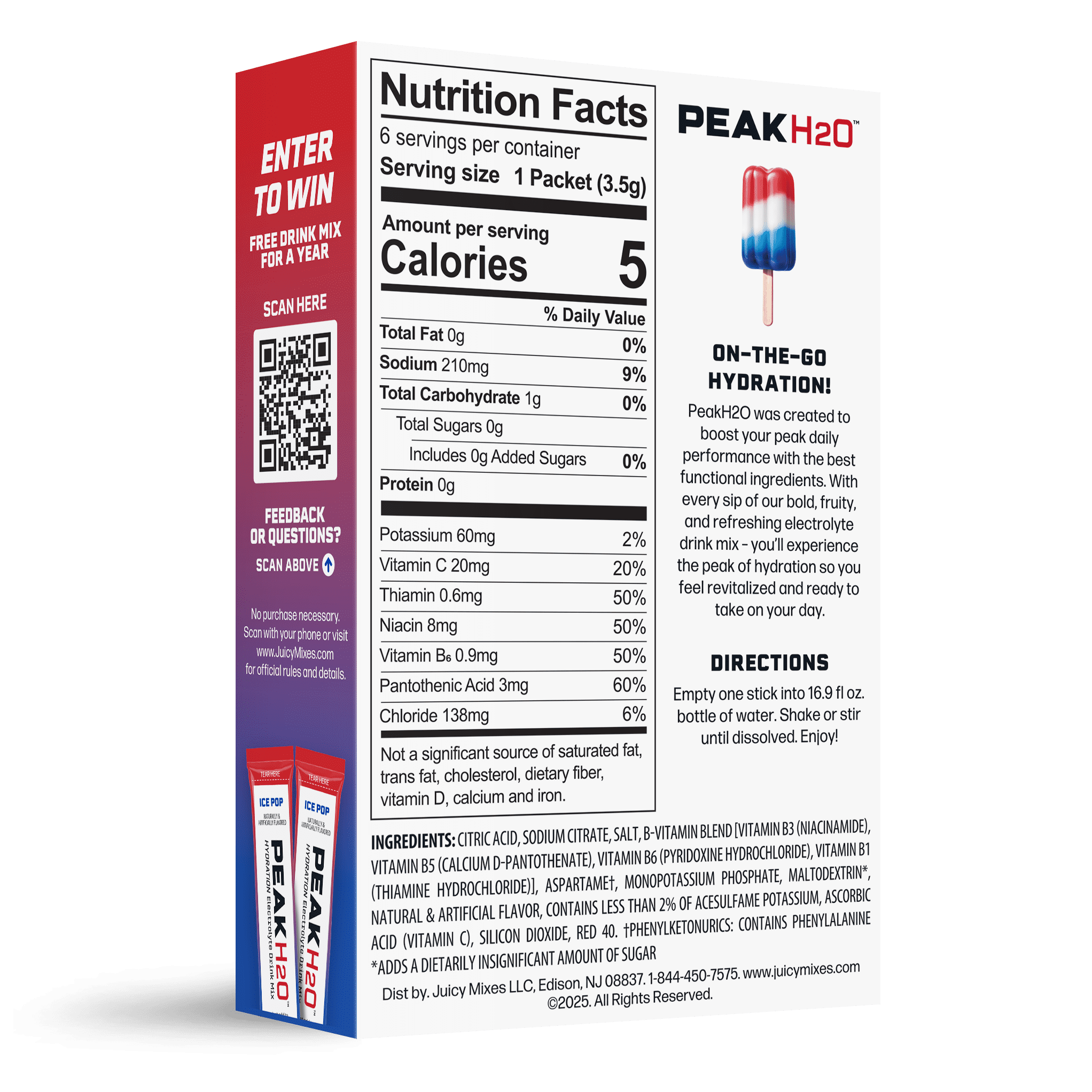 (12 pack) Peak H2O Hydration Powder Drink Mix, Ice Pop, 6 Pack