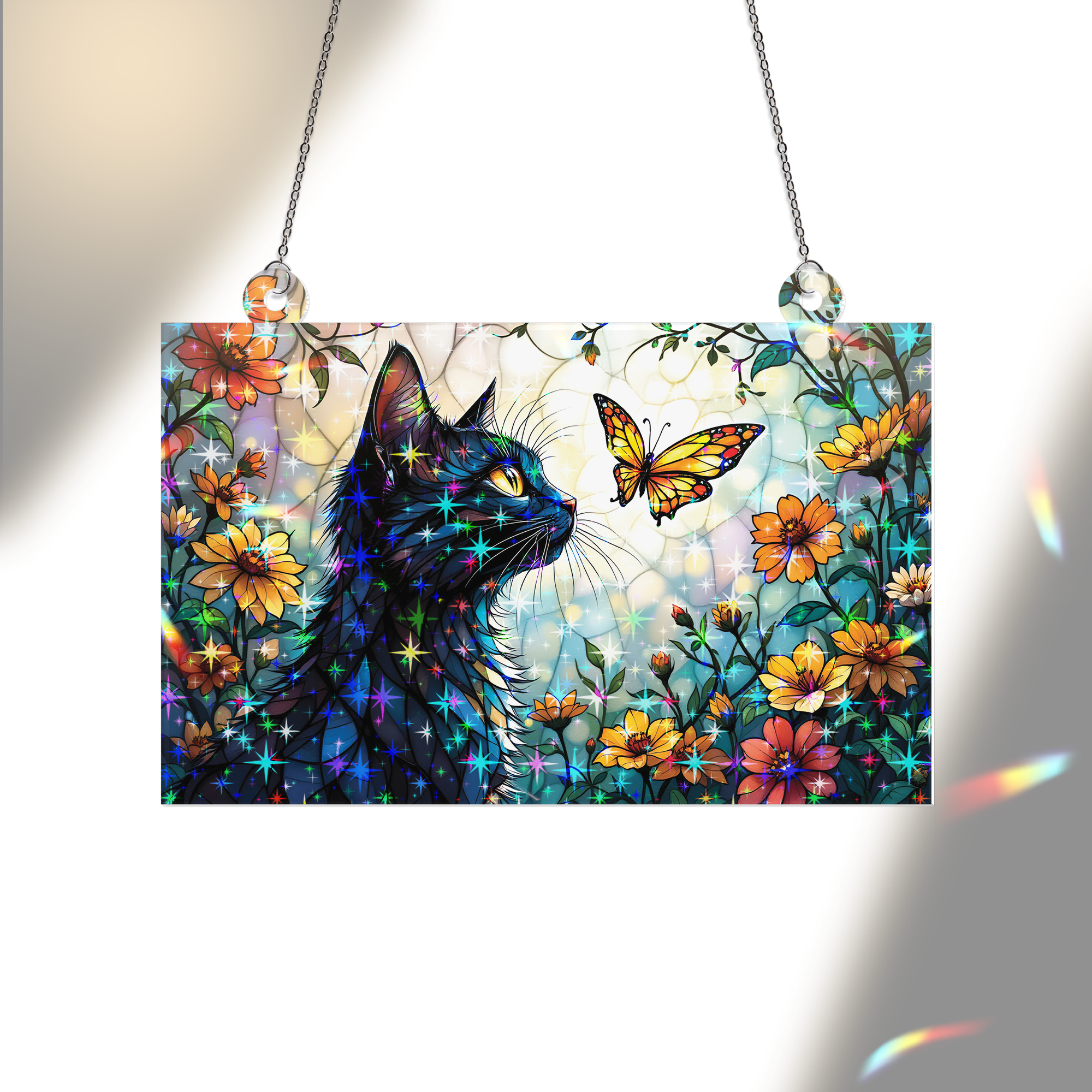 89Bloom Cat and Butterfly Stained Glass Hologram Ornament, Stained Glass Suncatcher Ornaments Home Decor, Holographic Ornaments