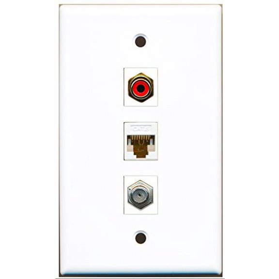 RiteAV - 1 Port RCA Red and 1 Port Coax Cable TV- F-Type and 1 Port Cat6 Ethernet White Wall Plate