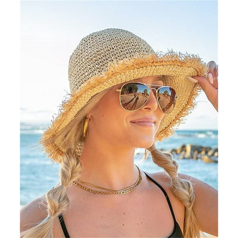 women's straw hat beach sun hat frayed crochet foldable straw bucket hat  summer soft brim beach hat