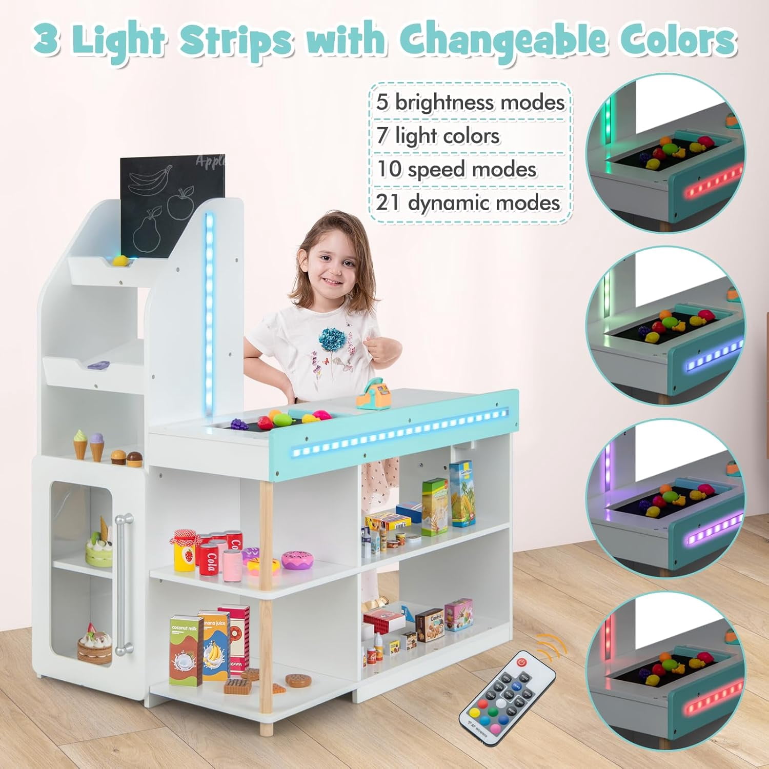 OLAKIDS Kids Grocery Store Playset, Wooden Pretend Play Supermarket with LED Lights Manual Conveyor Belt Play Food Accessories Blackboard Cash Register, Market Stand Toy for Toddler Boys Girls