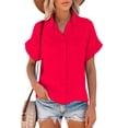 thumbnail image 1 of Women Summer Short Sleeve Pocket Tops Button Down Cotton Linen Shirt Blouse Loose Fit Casual Lapel V-Neck Tops, 1 of 2