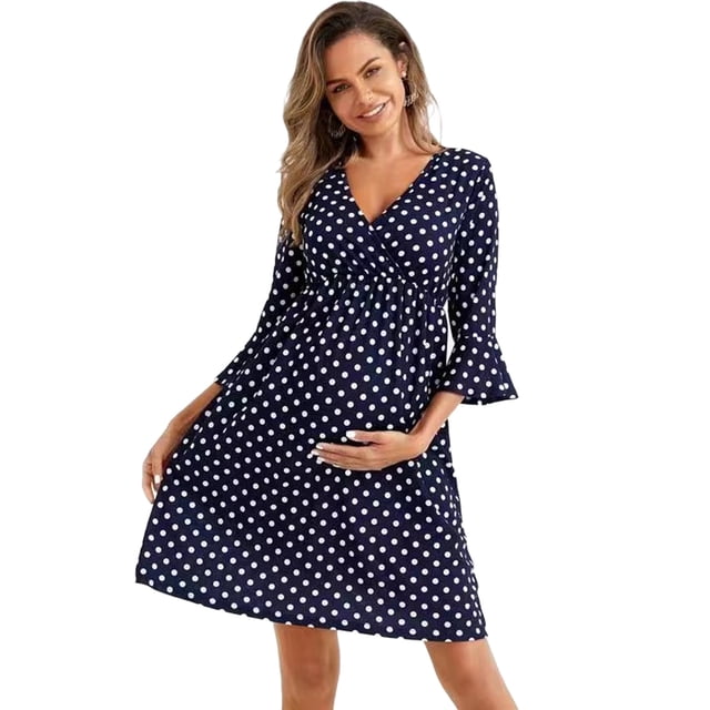 RXMEKW Robe de Maternité à Manches Trois-Quarts pour Femmes, Couche de Base à Col en V, Élastique, Bleu Marine