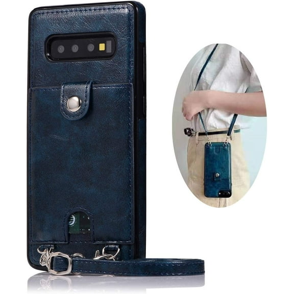 PU Leather Wallet Case for Samsung Galaxy S10 Necklace Lanyard Case Cover with Card Holder Adjustable Detachable Anti-Lost Neck Strap Case for Samsung Galaxy S10,Blue