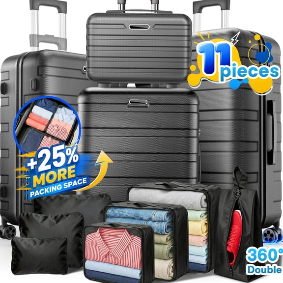 11Pcs Hardshell Luggage Set, Lightweight Suitcases w/ Spinner Wheels, Carry on Luggage, Black