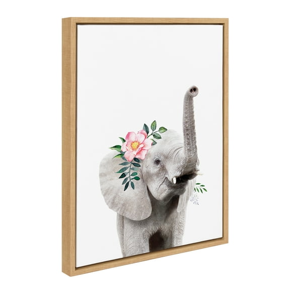 Kate and Laurel Sylvie Flower Crown Elephant Framed Canvas Wall Art by Amy Peterson Art Studio, 18x24 Natural, Cute Animal Art for Wall Decor