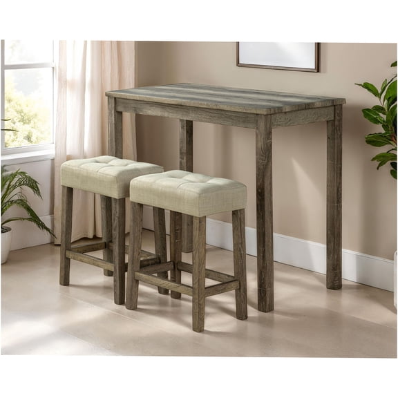 JERFIT Modern Counter Height Dining Table Set with 2 Upholstered Stools, Biscuit Tufted Beige Chairs, Transitional Brown Kitchen Breakfast Nook Set for Small Space