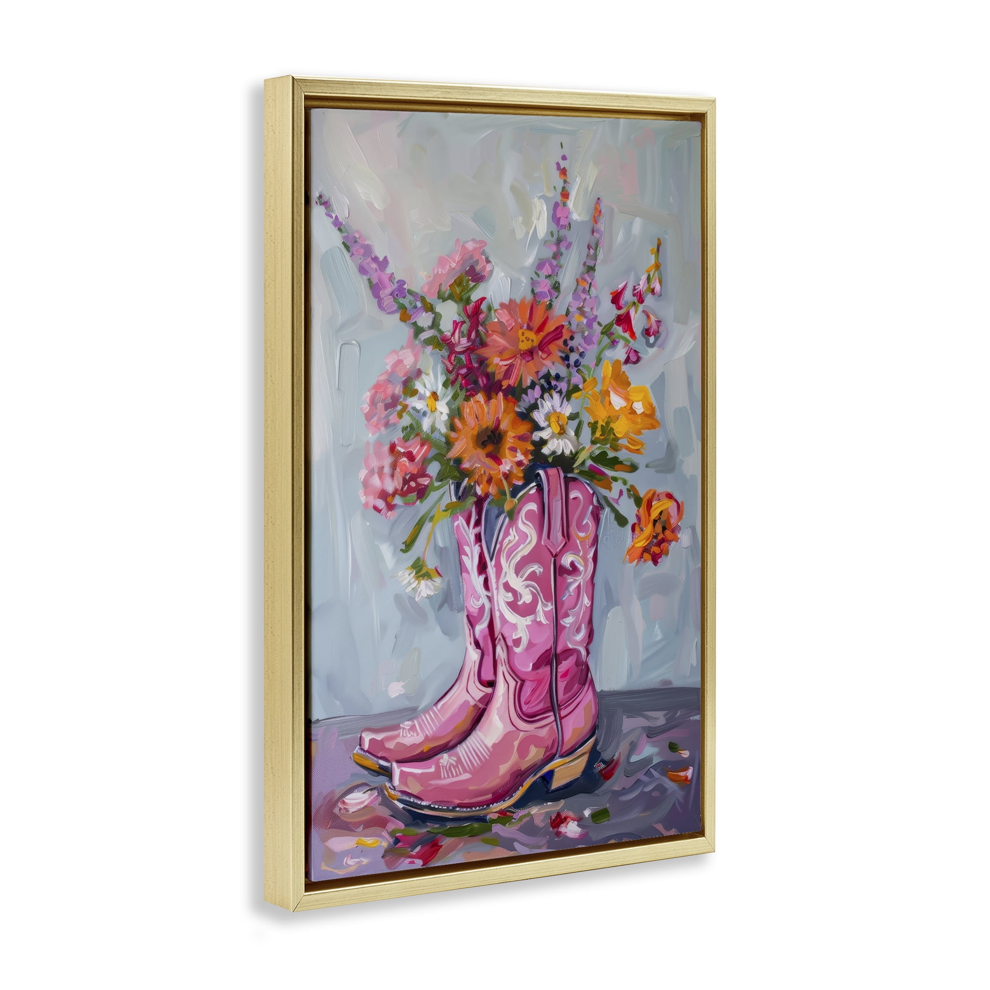 Stupell Industries Floral Cowboy Boots Plants & Flowers Painting Gold Floater Framed Canvas Art Print Wall Art, 21 x 31