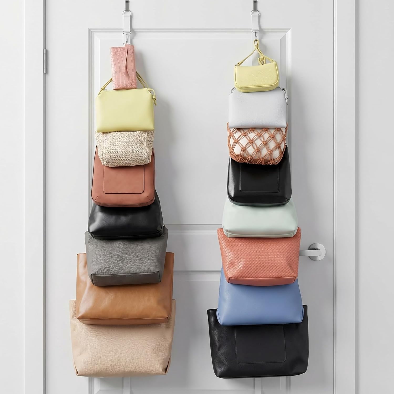 RGHJAR-Heavy Duty 16 Hook Over The Door Purse Rack for Hats and Accessories. Adjustable Straps and Movable Velcro Hooks To Store, Organize and Display Bags, Scarves or Caps Saving Closet Storage Spac