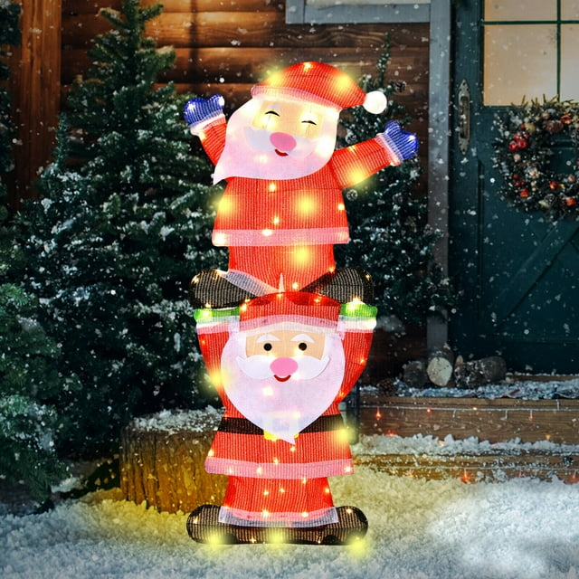 Patiojoy LED Double Santa Yard Sign Santa Christmas Decoration W/ String Lights & Stakes