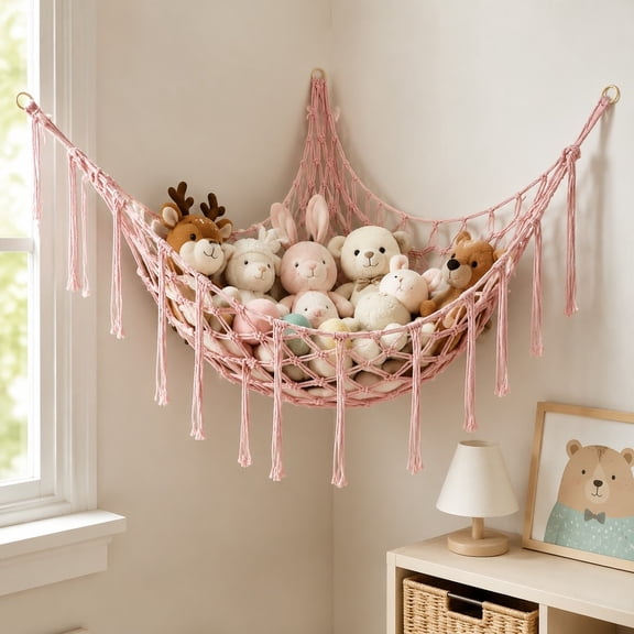 Cotton Rope Storage Net, Handwoven Wall Hanging Hammock for Stuffed Animals and Toys, Light Pink with Hook