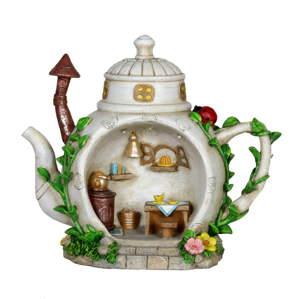 Exhart Solar Teapot House with Kitchen Scene Garden Statue, 6 by 9