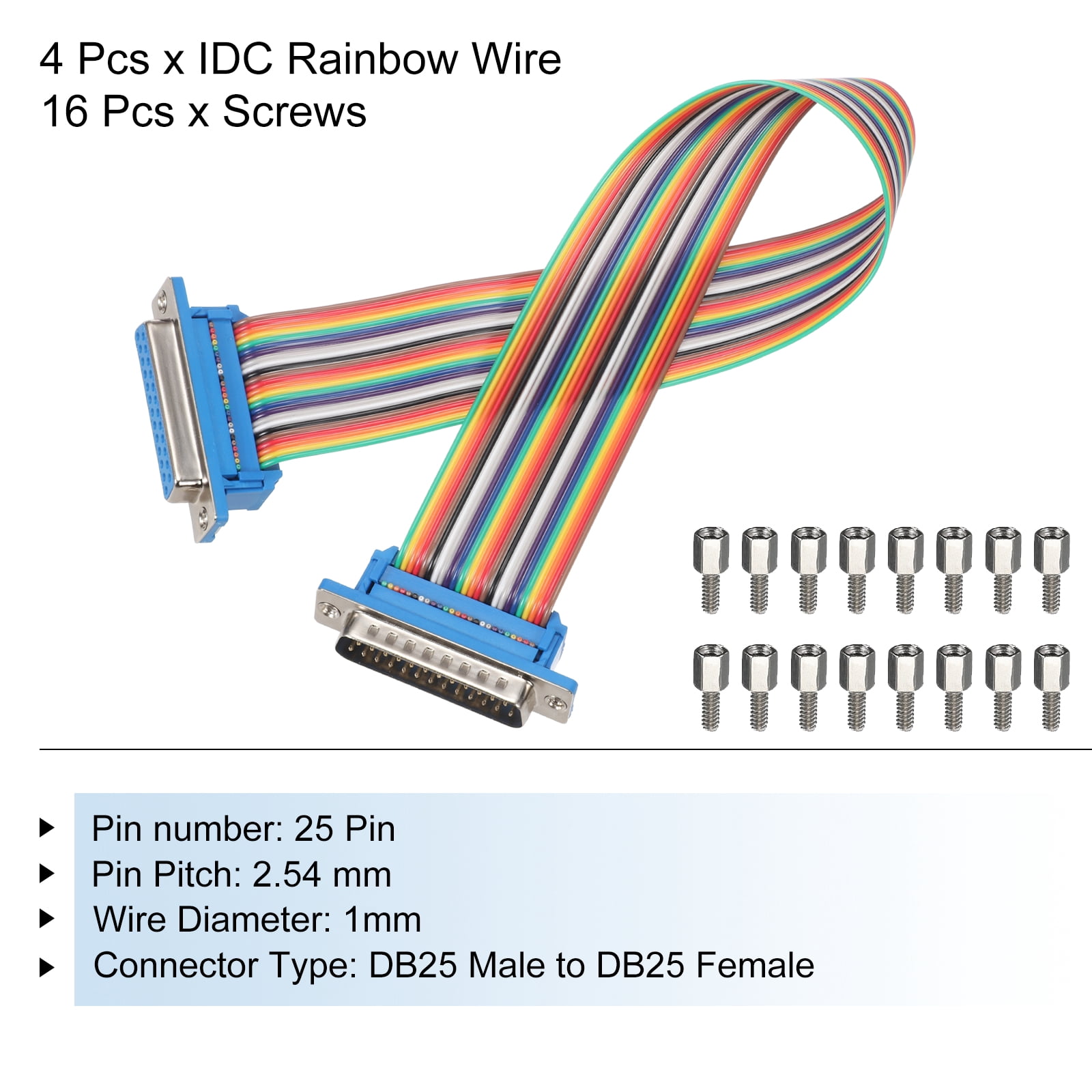 4 Pcs IDC Rainbow Wire Flat Ribbon Cable DB25 Male to DB25 Female 11.8 Inch Length 2.54mm Pitch Breadboard Jumper Wires for Electronic Projects