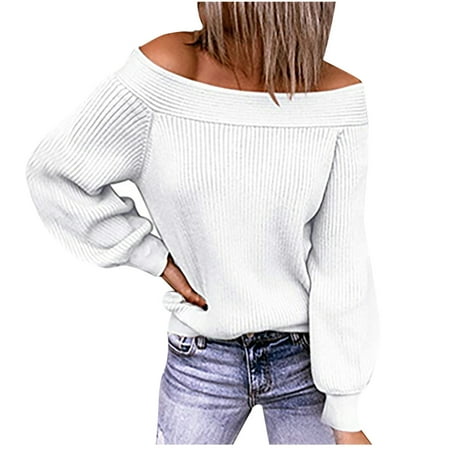 

Moxiu Women s Long Sleeve Sweater Off Shoulder Solid Color Knit Pullover Casual Loose Tunic Sweatshirt Tops