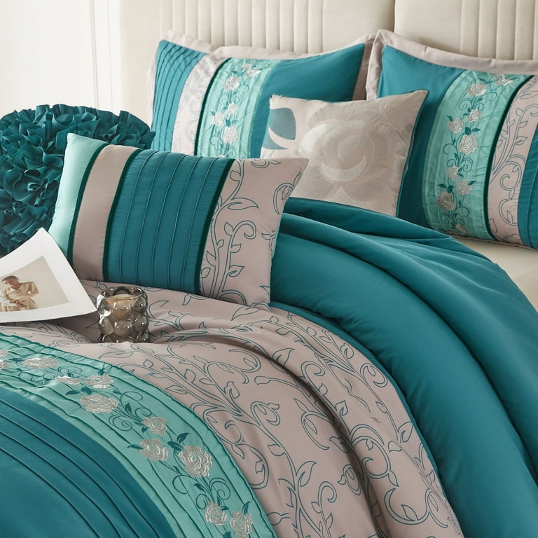 Stratford Park Contemporary 7 Piece Comforter Bedding Set Teal Grey California King 100 POLYESTER Matching Bedskirt Pillows Shams