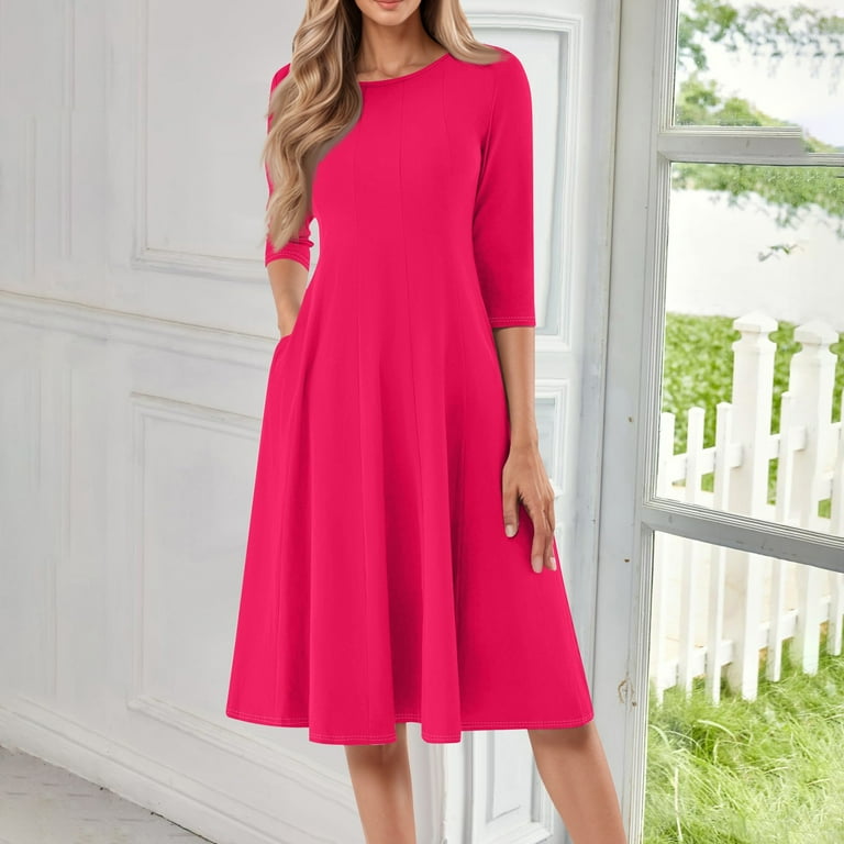 3/4 Sleeve Fit and Flare Dress for Women Solid Color A Line Flowy Dress  Crew Neck Casual Midi Dresses with Pockets - Walmart.com
