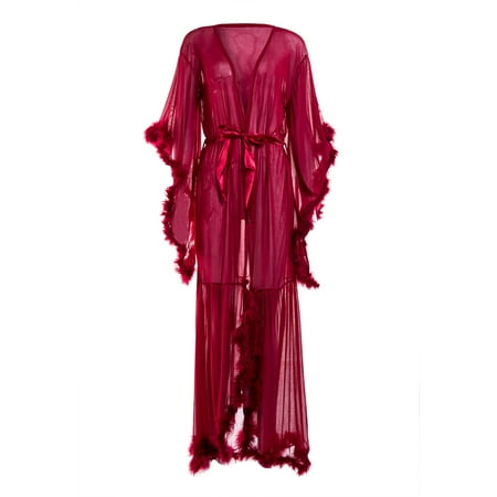 

Multitrust Women Long Sleeve Plush Robe Kimono See Through Extra Long Dress