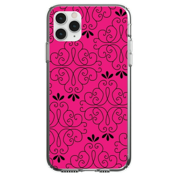 DistinctInk Clear Shockproof Hybrid Case for iPhone 11 Pro MAX (6.5" Screen) - TPU Bumper, Acrylic Back, Tempered Glass Screen Protector - Neon Pink Black Floral Pattern
