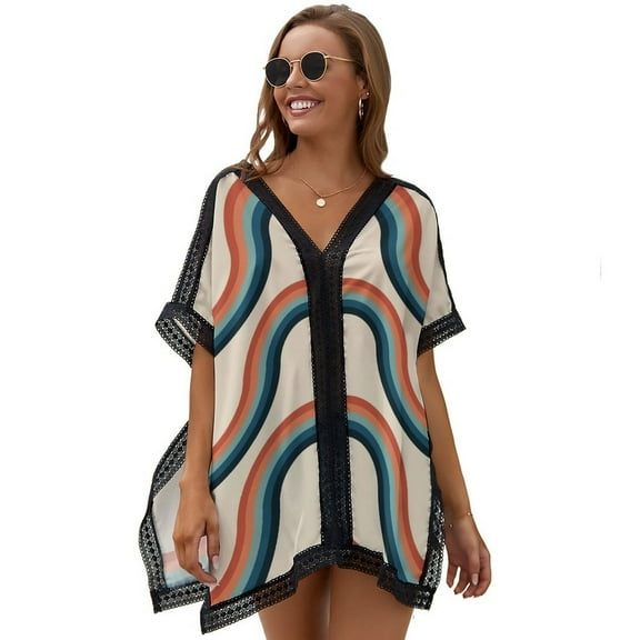 70s Retro Stripes Beach Cover Ups for Women Bathing Suit Cover Up Lace Bikini Swimsuit Coverup Beach Dress Shirt One Size