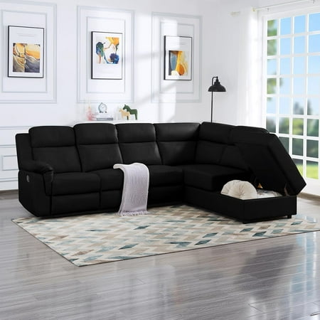 Aukfa Leather Sectional Sofa Couch, 110" Recliner Sofa Chair with Storage Chaise for Living Room, 5 Seater, Black