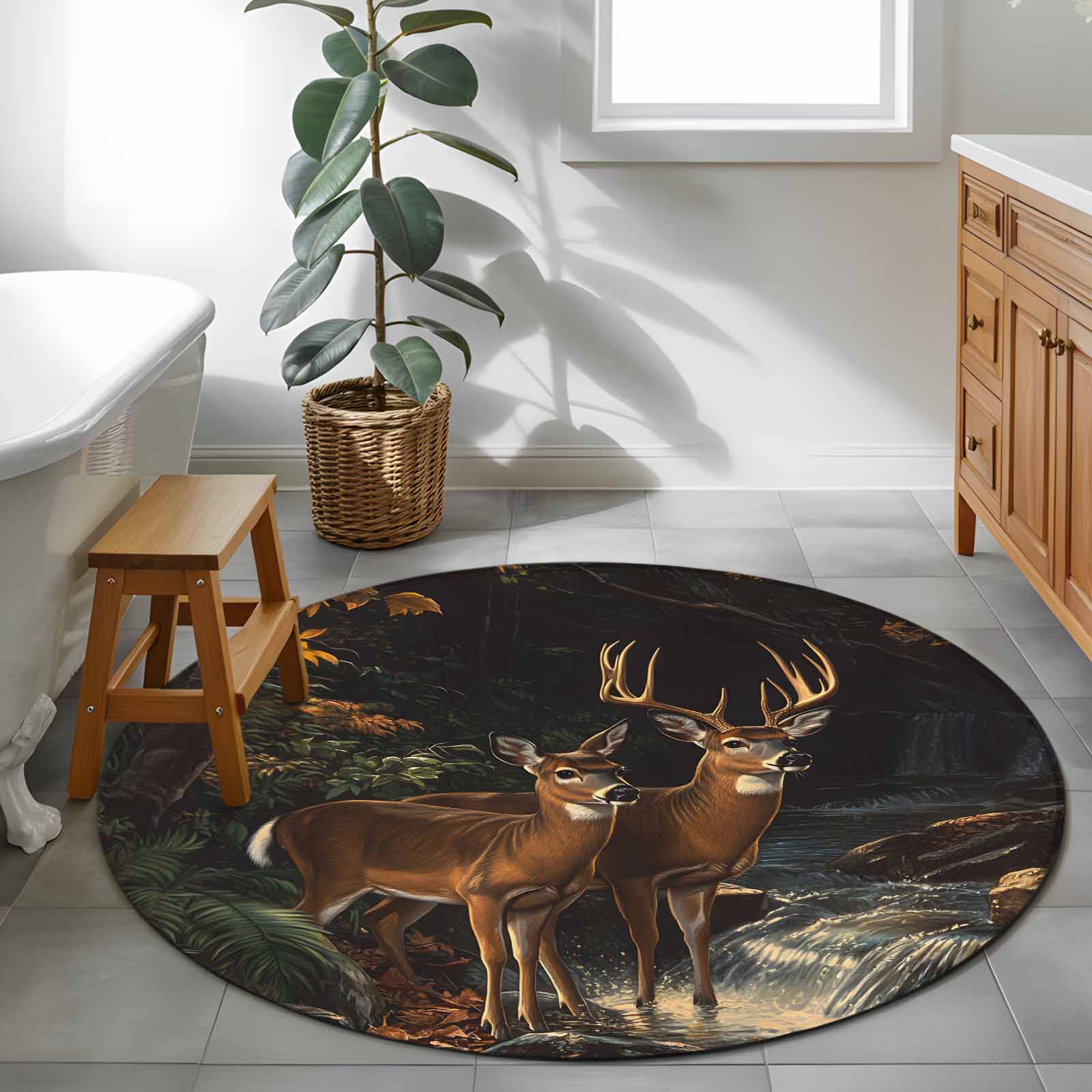 Round Rugs 3 Ft, Autumn Deer Non Slip Area Rugs for Kitchen Bedroom Entryway, Forest River Elk Vintage Washable Carpet Runner Rug Floor Mats for Bedroom Home Decor