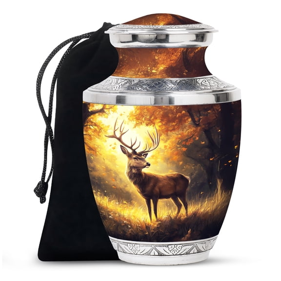 JAGASY Deer Large Urn for Siblings - Brown Urn for Ashes Adult Male - Forest Sunset Decorative Memorial Urns for Sister - Funeral Cremation Urns for Brother - (10 Inch)