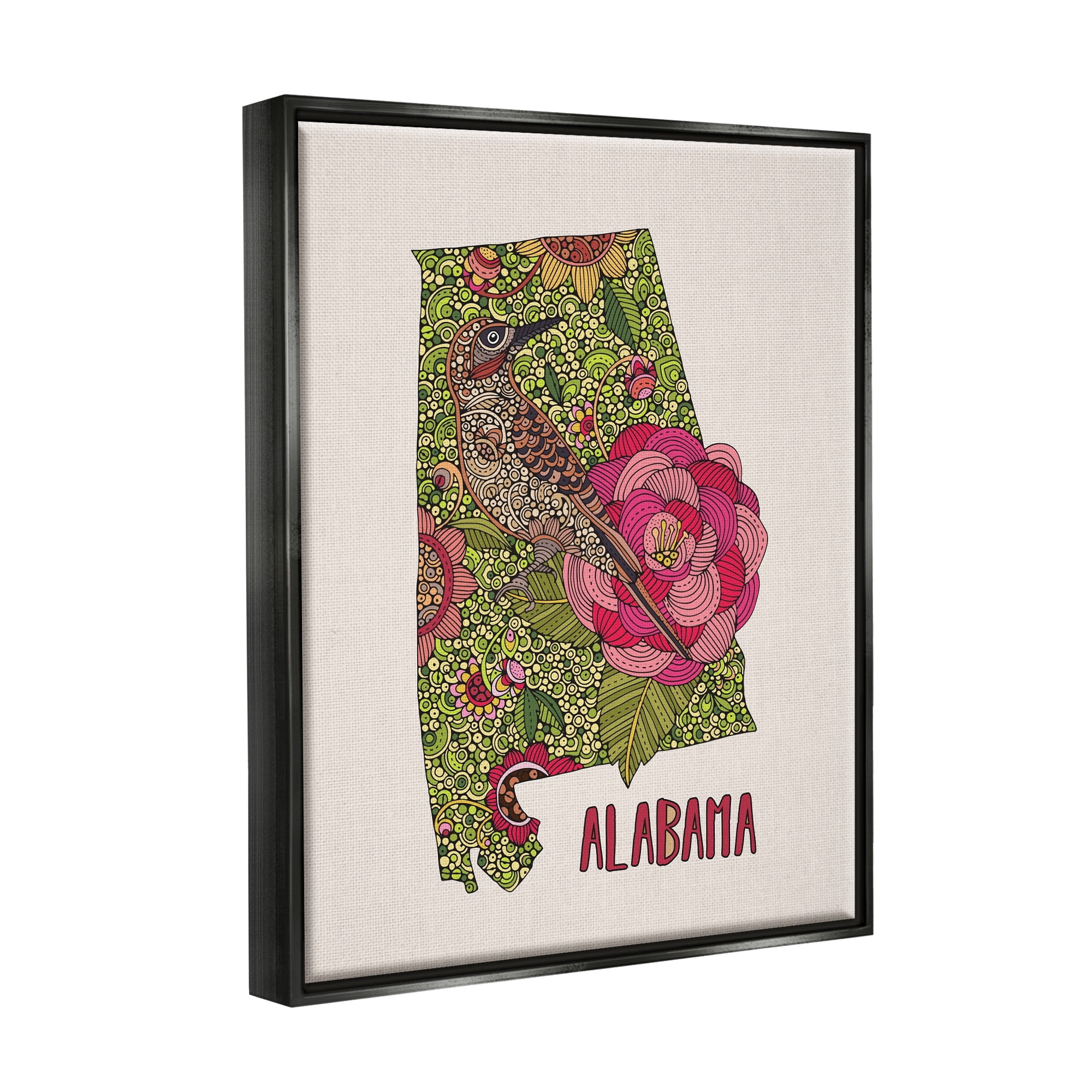 Stupell Industries Intricate Alabama Camellia Flower Bird Detailed Pattern Graphic Art Jet Black Floating Framed Canvas Print Wall Art, Design by Valentina Harper