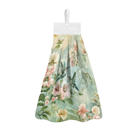

ZIATUBLE Hummingbird Hanging Kitchen Dish Towel Floral Hanging Hand Dry Towels Quick Dry Kitchen Hand Towels with Hanging Loops Bathroom Hand Bath Towel Elastic Tea Towels