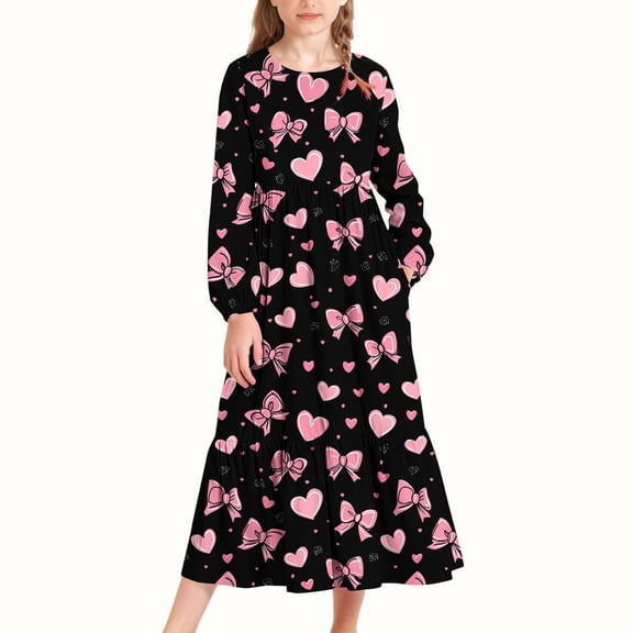 UQJfacai Girls Ruffle Maxi Dress Valentines Heart Print Long Sleeve Crewneck Flowy Dress with Pockets Party Holiday Outfits 4-15 Years