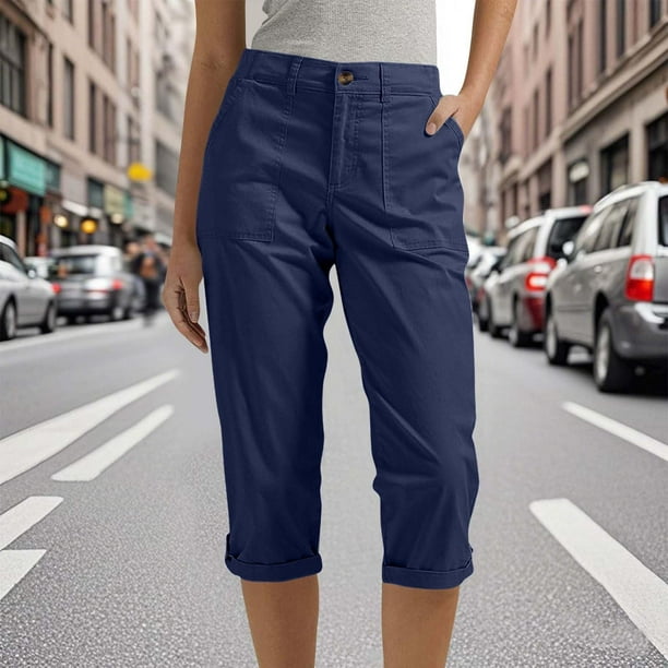 WILLBEST Pantalones Casuales para Mujer, Cómodos Pantalones Rectos Recortados con Bolsillos y Botones para Uso Diario, Ideales para Primavera y Otoño. Extra Grande