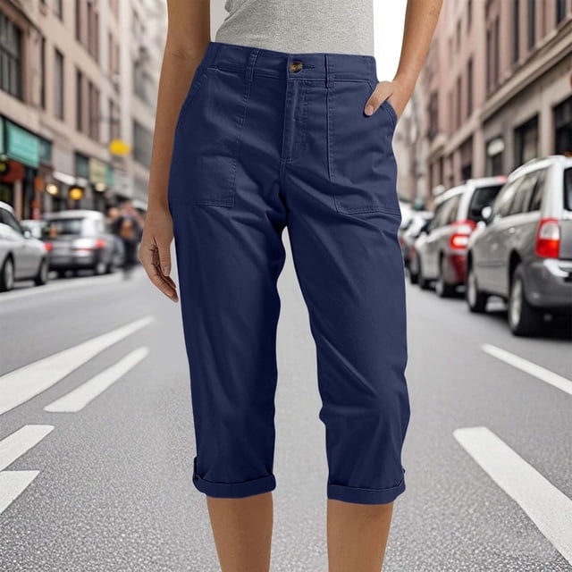 WILLBEST Pantalones Casuales para Mujer, Cómodos Pantalones Rectos Recortados con Bolsillos y Botones para Uso Diario, Ideales para Primavera y Otoño. Extra Grande