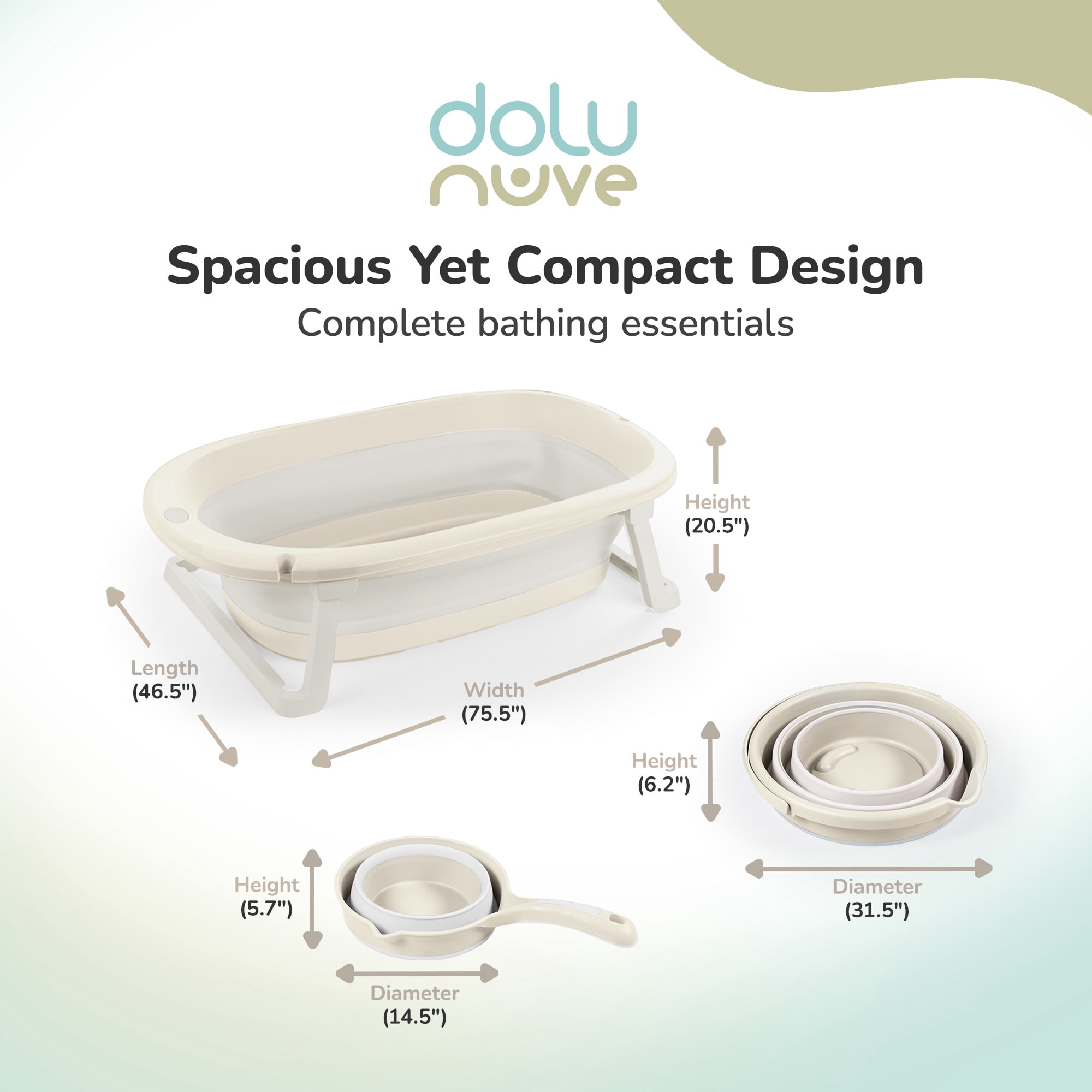Dolu Nuve 3-Piece Foldable Baby Bath Set, Infant Tub with Bucket and Rinse Cup, Beige