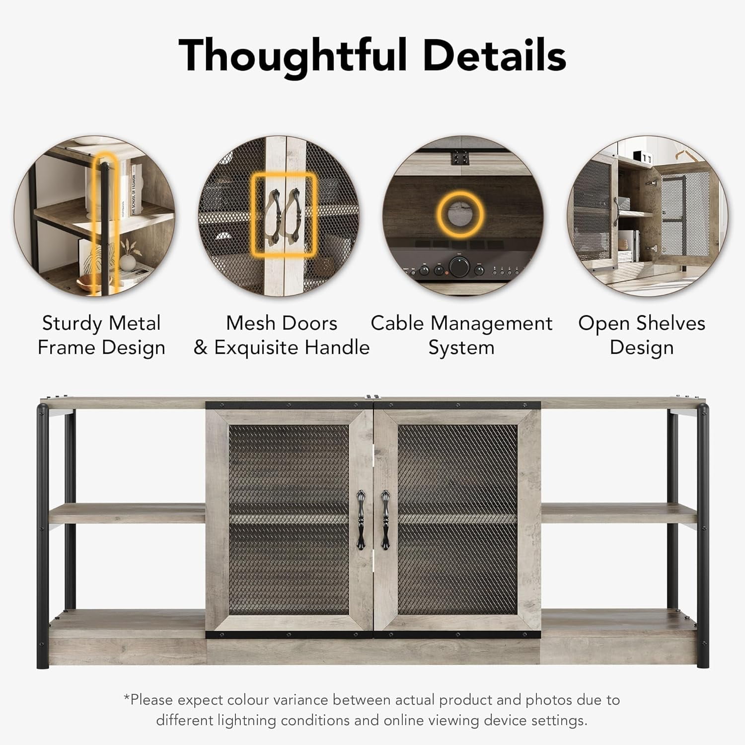 Twister.CK TV Stand for TVs up to 75", Entertainment Center with Storage Cabinet, Rustic TV Media Console Table for Living Room, Gray