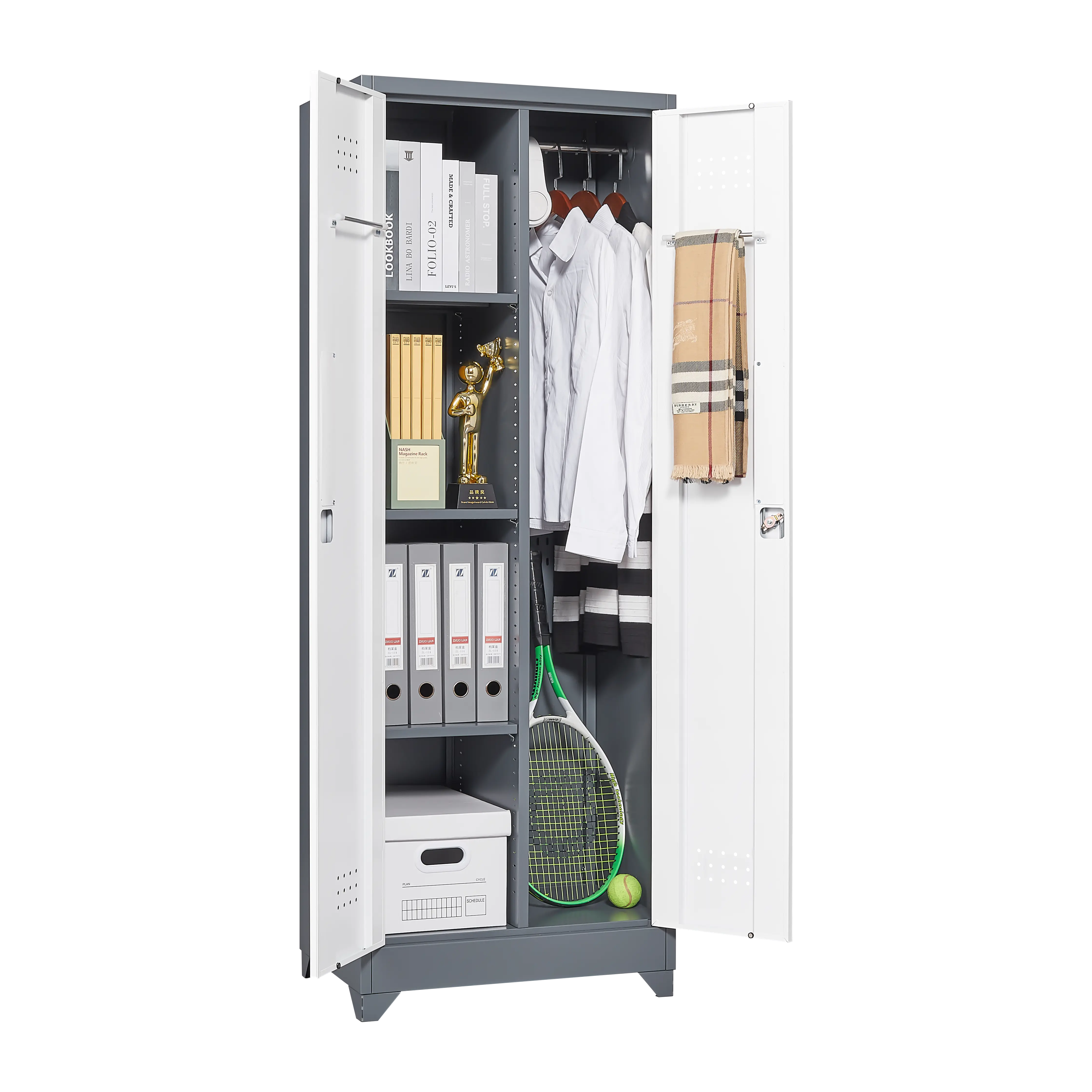 Aukfa 65" Metal Garage Storage Cabinets, Lockable Broom Closet Storage Cabinet with Shelves for Basement/Office/Laundry Room, White