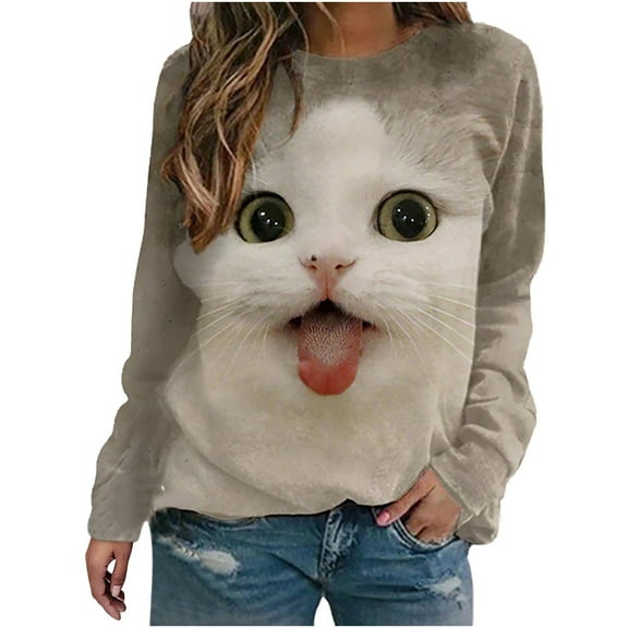 IROINNID Savings Womens Winter Clothes Pullover Hoodies Lounge Round Neck Cat Print Lounge Long Sleeve T-Shirt,White