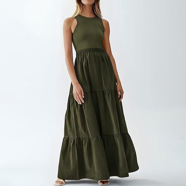 Gspmoly Robes d'Été pour Femmes, Mode Femmes Été Floral Col Rond Patchwork Sans Manches Poche Taille Robes Robes de Soirée pour Femmes Économies