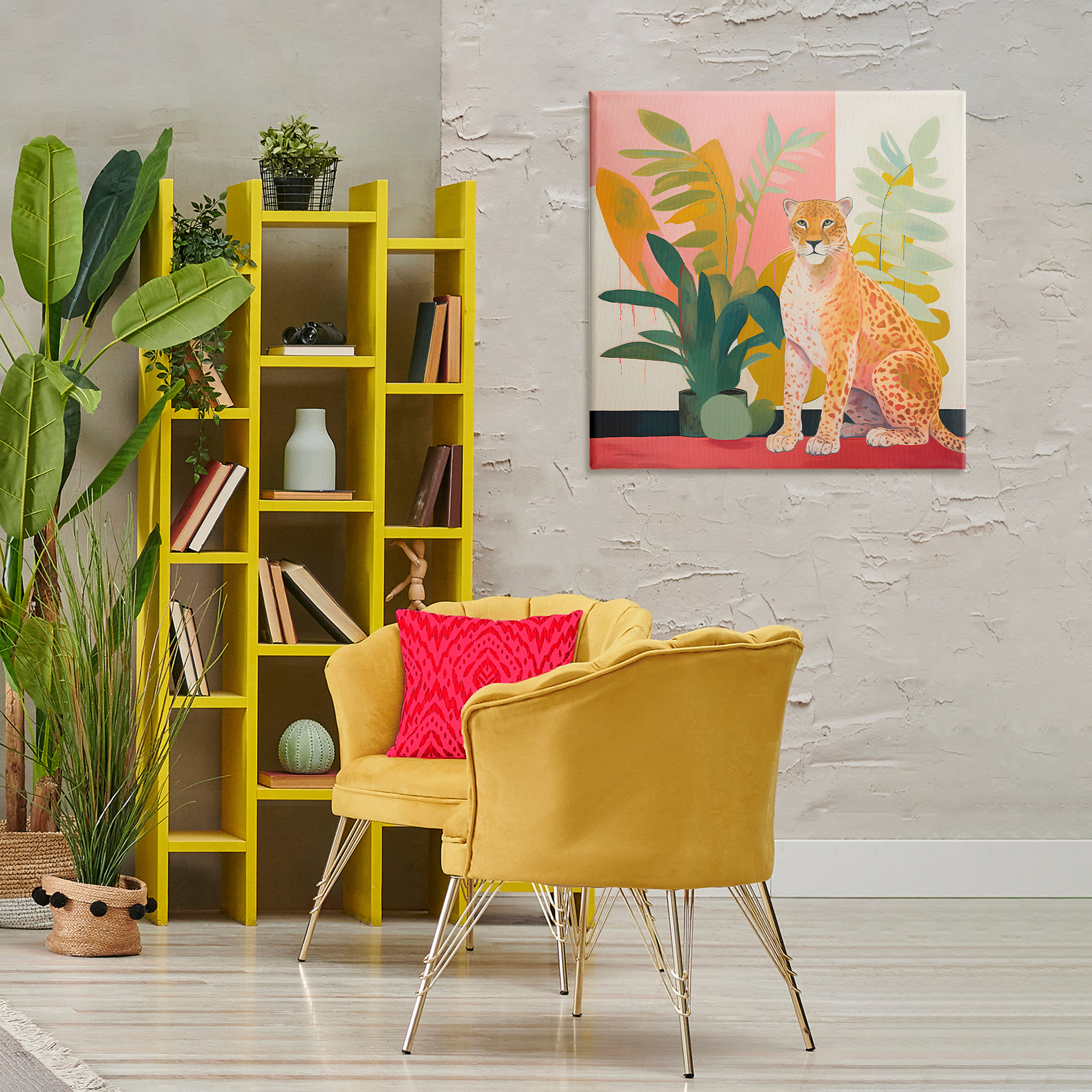 Stupell Industries Leopard Sitting with Plants Animals & Insects Painting Gallery Wrapped Canvas Art Print Wall Art, 30 x 30
