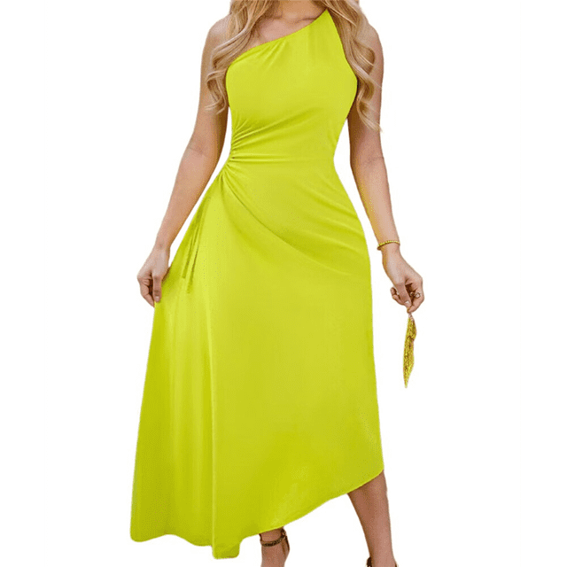 Vestido Midi de Cóctel para Mujer, con un Hombro Descubierto, Espalda Descubierta, Dobladillo Cruzado, Fruncido y Torcido, para Fiesta de Verano. Amarillo-Verde XS